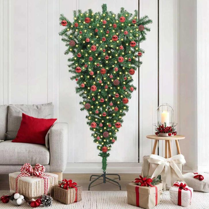 vidaXL Upside-down Kunst Kerstboom met Ballen Set Groen 180, Diversen, Kerst, Nieuw, Verzenden