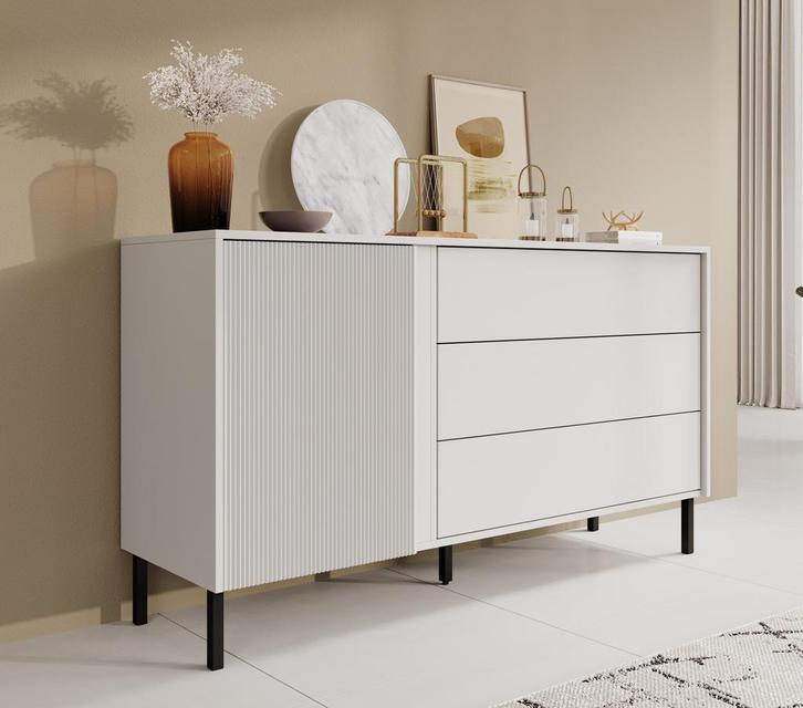 Meubella | Dressoir wit 145cm | Kast met 3 lades, Huis en Inrichting, Kasten | Dressoirs, 25 tot 50 cm, Nieuw, 100 tot 150 cm