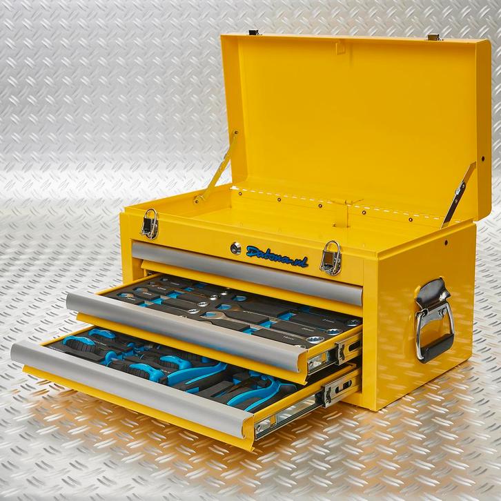 Datona Gereedschapskist drie lades - 2 lades gevuld - geel, Doe-het-zelf en Bouw, Gereedschapskisten, Ophalen of Verzenden