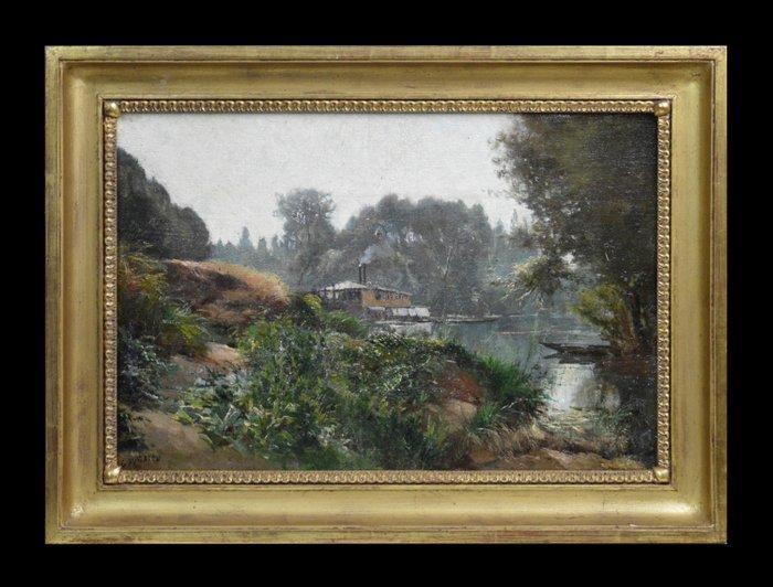 Gabriel Mathieu (1843-1921) - Le bateau lavoir, Antiek en Kunst, Kunst | Schilderijen | Klassiek