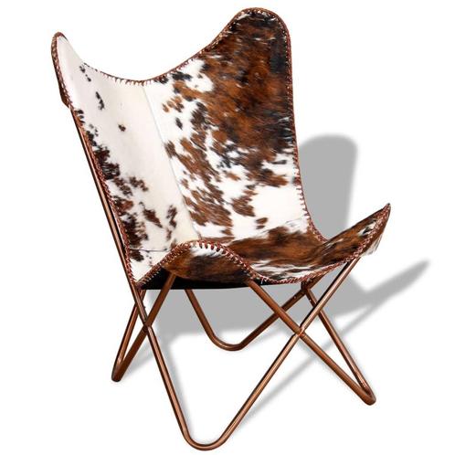 vidaXL Chaise papillon marron et blanc cuir de vache, Maison & Meubles, Fauteuils, Neuf, Envoi