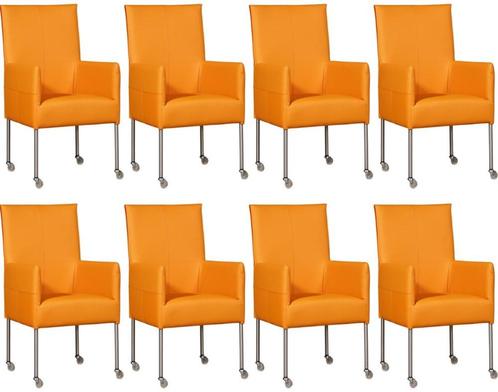 Set van 8 Oranje leren moderne eetkamerstoelen - poot rond, Maison & Meubles, Chaises, Enlèvement ou Envoi