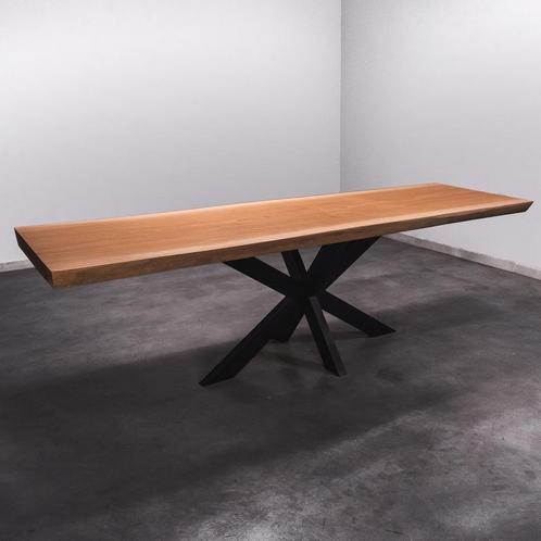 Boomstamtafel, Eettafel 275x90 massief hardhout, metaalpoot, Huis en Inrichting, Tafels | Eettafels, 50 tot 100 cm, 200 cm of meer