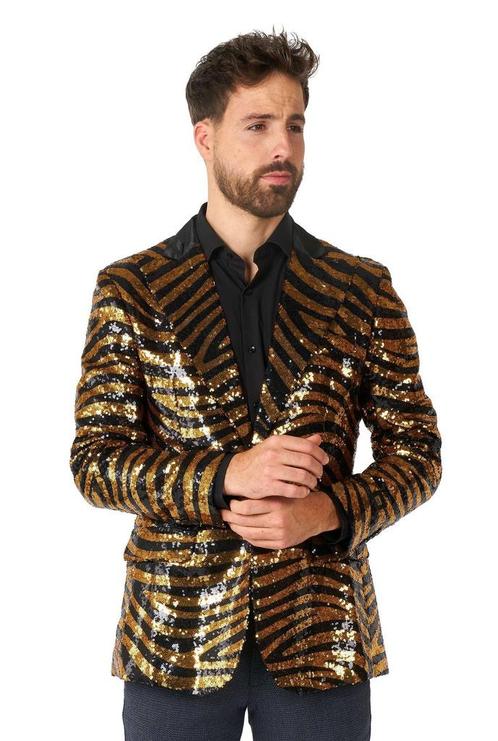 Goud Zwart Tijger Paillet Blazer Heren OppoSuits, Kleding | Heren, Carnavalskleding en Feestkleding, Nieuw, Verzenden