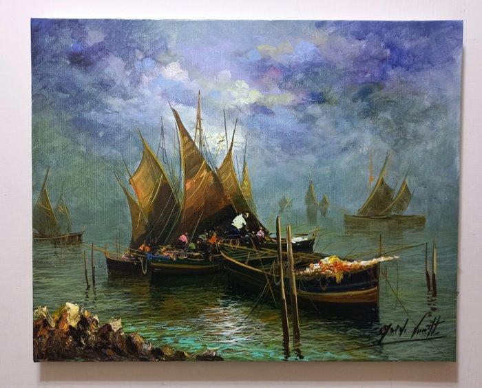 Guido Vuotto (1964) - Pescatori nel mare di Napoli, Antiek en Kunst, Kunst | Schilderijen | Klassiek