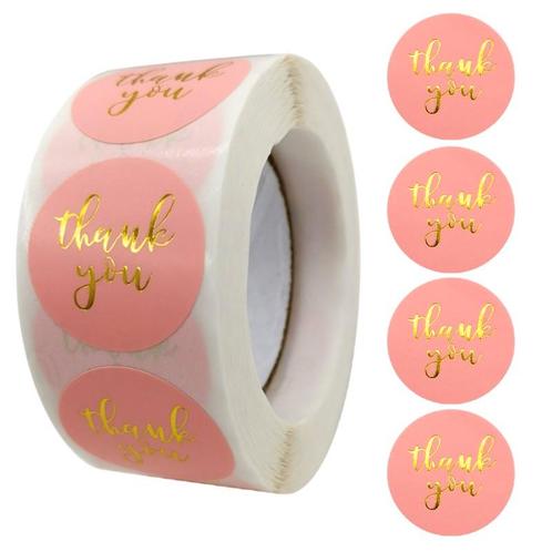 500 Stickers Op Rol - 2.5cm - Thank You Metal Roze - Bedankt, Hobby en Vrije tijd, Stickers en Plaatjes, Verzenden