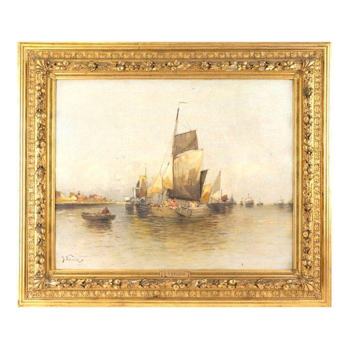 Jules Vernier (1862–1937) - Voiliers de pêche au mouillage, Antiek en Kunst, Kunst | Schilderijen | Klassiek