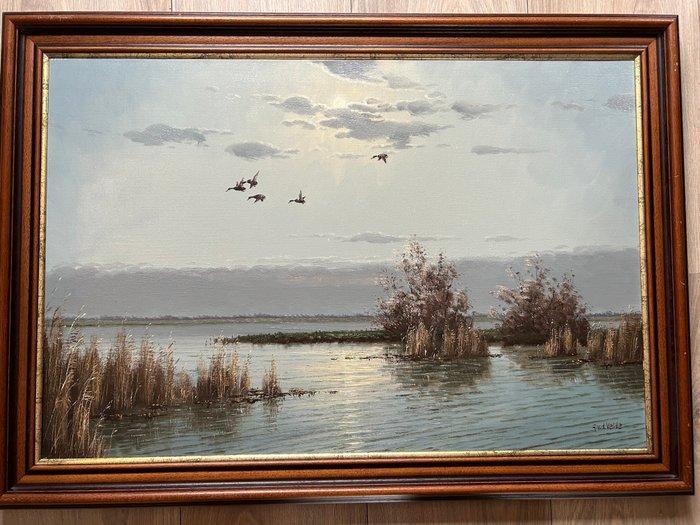 Gien Brouwer 1944 - 2023 - Overvliegende eenden, Antiek en Kunst, Kunst | Schilderijen | Klassiek