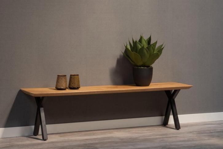 Mangohout Eetkamerbank Emma X-poot 180x40, Huis en Inrichting, Stoelen, Nieuw, Verzenden