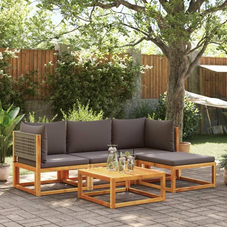 vidaXL 5-delige tuinbankset met kussens acaciahout & rotan, Tuin en Terras, Tuinsets en Loungesets, Nieuw, Verzenden