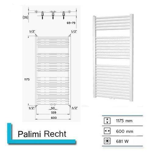 Handdoekradiator Palimi Recht 1175 x 600 mm Zilver metallic, Doe-het-zelf en Bouw, Sanitair, Overige typen, Nieuw, Ophalen of Verzenden