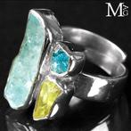 Sterling zilveren ring met ruwe aquamarijn, heliodor en