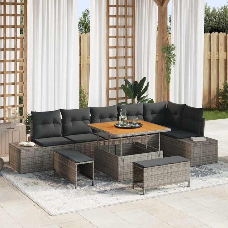 vidaXL Tuinbank Set met kussen 9 pcs Grijs poly rattan, Tuin en Terras, Tuinsets en Loungesets, Nieuw, Verzenden