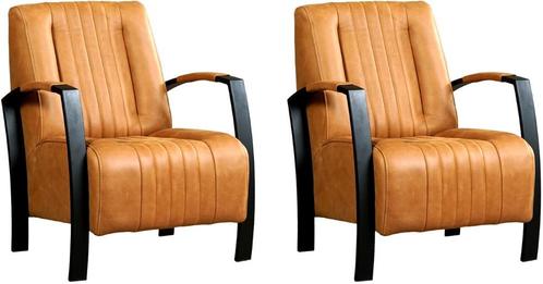 Set van 2 Cognac leren industriële stalen fauteuils -, Huis en Inrichting, Fauteuils, 50 tot 75 cm, 75 tot 100 cm, Nieuw, Leer