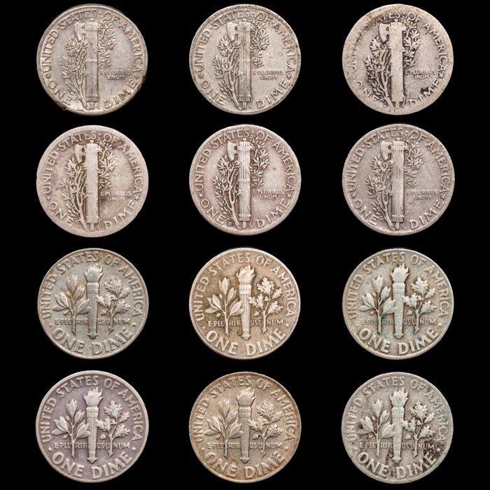 Verenigde Staten. One Dime 1923 - 1964 / 12 Monedas (Zonder, Postzegels en Munten, Munten | Europa | Niet-Euromunten