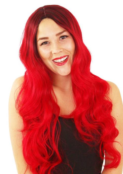 Lange Rode Pruik Balayage Ombré Zwarte Uitgroei Ariel Zeemee, Kleding | Dames, Carnavalskleding en Feestkleding, Nieuw, Ophalen of Verzenden