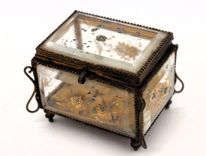 Sieradendoos - Messing glazen sieradendoosje met geslepen, Antiek en Kunst, Curiosa en Brocante