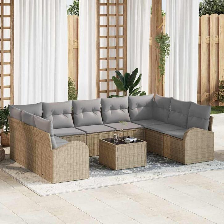 vidaXL Bankstel met kussen 10 pcs Beige Poly Riet, Tuin en Terras, Tuinsets en Loungesets, Nieuw, Verzenden
