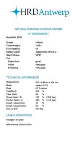 1 pcs Diamant (Natuurlijk) - 1.02 ct - Rond - E - VVS1 - HRD, Nieuw