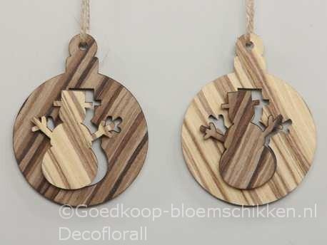 Hangers houten ballen 8cm. met sneeuwman 2d naturel set van, Hobby en Vrije tijd, Knutselen, Nieuw