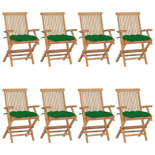 vidaXL Tuinstoelen 8 st met groene kussens massief teakhout, Tuin en Terras, Tuinstoelen, Nieuw, Verzenden