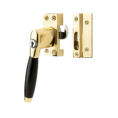 Klassieke raamsluiting met slot, links, messing gelakt, Doe-het-zelf en Bouw, Hang- en Sluitwerk, Schuif of Grendel, Nieuw, Koper of Messing