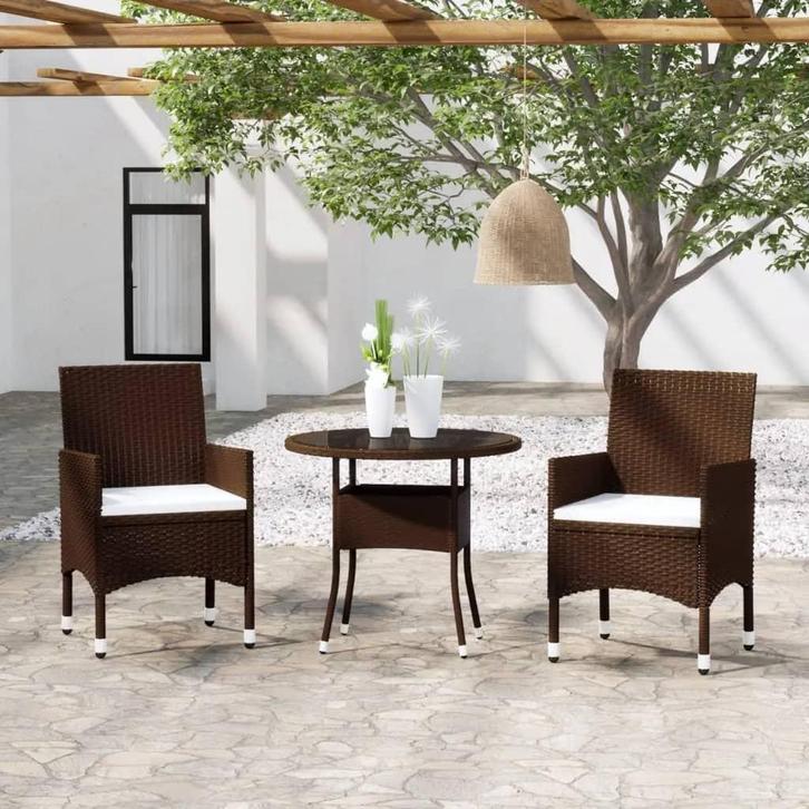 vidaXL 3-delige Bistroset poly rattan en gehard glas bruin, Tuin en Terras, Tuinsets en Loungesets, Nieuw, Verzenden