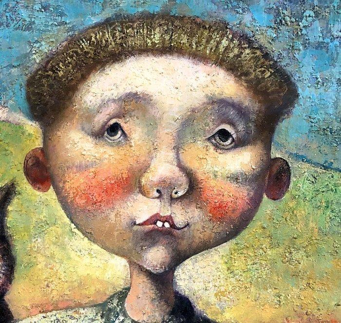 Emzar Khabuliani (1963-) - Garçon et la Chouette, Antiek en Kunst, Kunst | Schilderijen | Klassiek