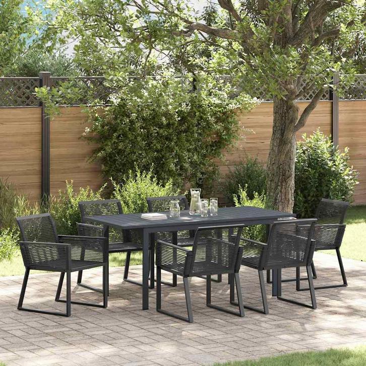 vidaXL Tuin Eettafel Set 7 pcs Zwart Staal en poly riet, Tuin en Terras, Tuinsets en Loungesets, Nieuw, Verzenden