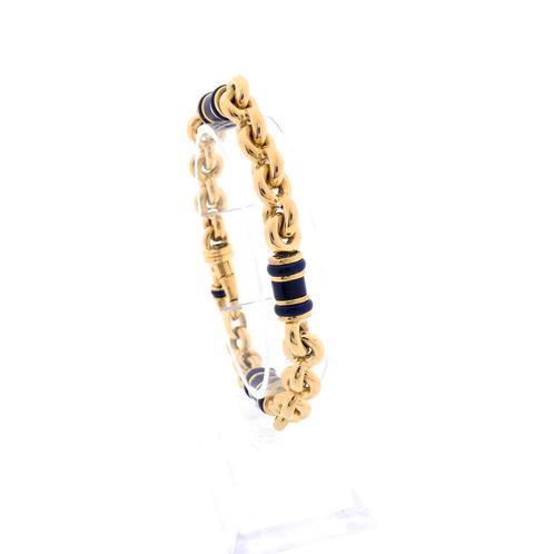 18 krt. Vintage gouden jasseron schakel armband met lapis..., Handtassen en Accessoires, Armbanden, Overige kleuren, Gebruikt