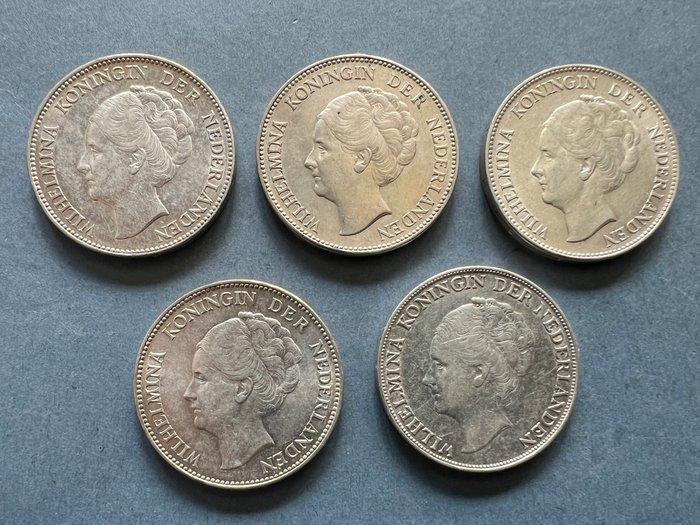 Nederland. 1 Gulden 1924/1944, 5 stuks (Zonder minimumprijs), Timbres & Monnaies, Monnaies | Pays-Bas