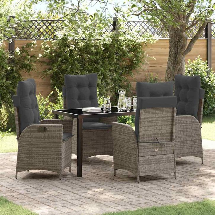 vidaXL Tuin Eettafel Set met kussen 5 pcs Grijs poly rattan, Tuin en Terras, Tuinsets en Loungesets, Nieuw, Verzenden