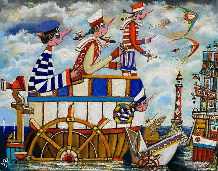 Artur Pachta - Sometimes we drop in for a coffee, Antiek en Kunst, Kunst | Schilderijen | Klassiek