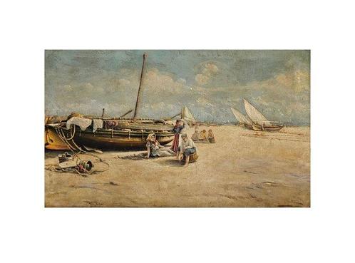 European School (XIX) - Beach scene with fishermen and, Antiek en Kunst, Kunst | Schilderijen | Klassiek