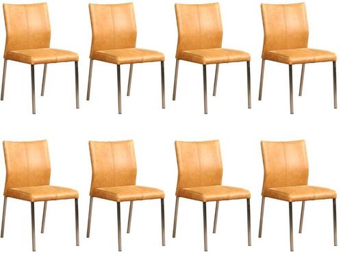 Set van 8 Cognac leren moderne eetkamerstoelen - poot, Huis en Inrichting, Stoelen, Overige kleuren, Vijf, Zes of meer stoelen
