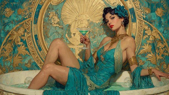 I_KONIQ - Art deco attractive woman enjoying blue thunder, Antiek en Kunst, Curiosa en Brocante