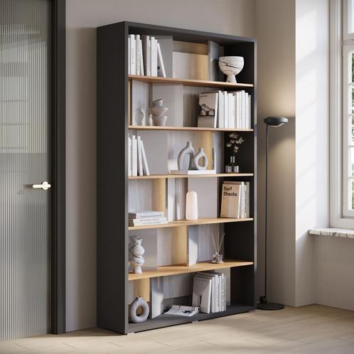 Meubella | Boekenkast grijs 119x32x196cm - LED-verlichting, Huis en Inrichting, Kasten | Boekenkasten, 25 tot 50 cm, Nieuw, 100 tot 150 cm