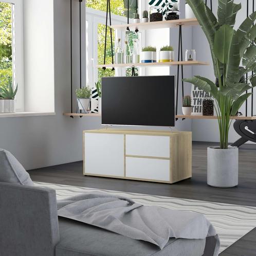 vidaXL Tv-meubel 80x34x36 cm bewerkt hout wit en sonoma, Maison & Meubles, Armoires | Mobilier de télévision, Envoi