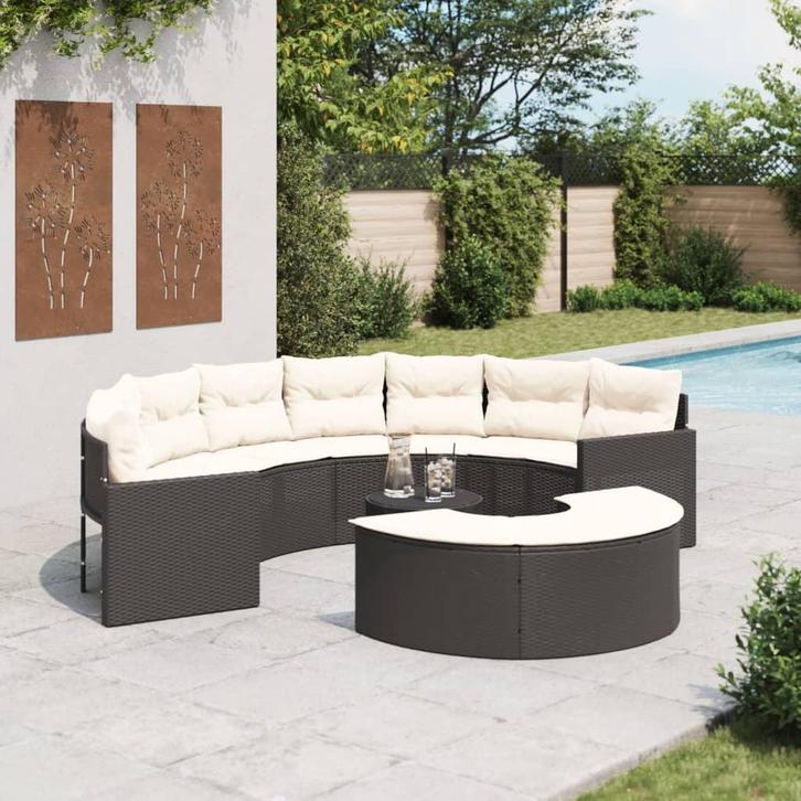 vidaXL 3-delige Loungeset halfrond poly rattan zwart, Tuin en Terras, Tuinsets en Loungesets, Nieuw, Verzenden