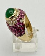 Ring - 18 karaat Geel goud, Smeraldo cabochon - Zaffiri rosa