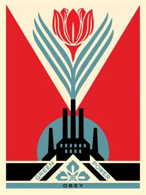 Shepard Fairey (OBEY) (1970) - Green Power Factory (Red), Antiek en Kunst, Kunst | Schilderijen | Modern