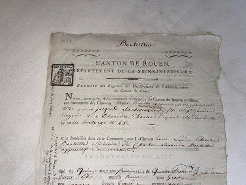 [Révolution, Normandie, Rouen] Certificat de résidence. -, Verzamelen, Film en Tv