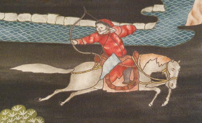 Weefsel in Jim Thompson-stijl Jacht te paard - Zeldzaam, Antiek en Kunst, Antiek | Tapijten, Tafelkleden en Textiel