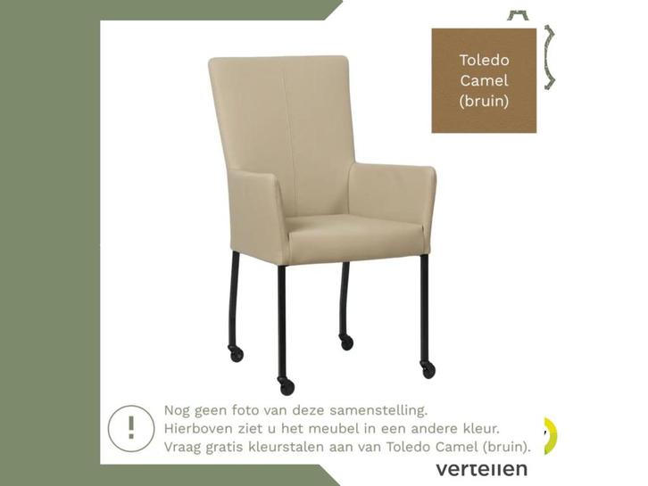 Leren eetkamerstoel Deal met armleuning - Toledo Camel, Huis en Inrichting, Stoelen, Bruin, Eén, Nieuw, Leer, Ophalen of Verzenden