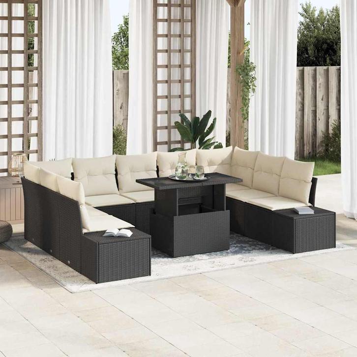 vidaXL Tuinbank Set met opslag 10 pcs Zwart Poly rattan, Tuin en Terras, Tuinsets en Loungesets, Nieuw, Verzenden