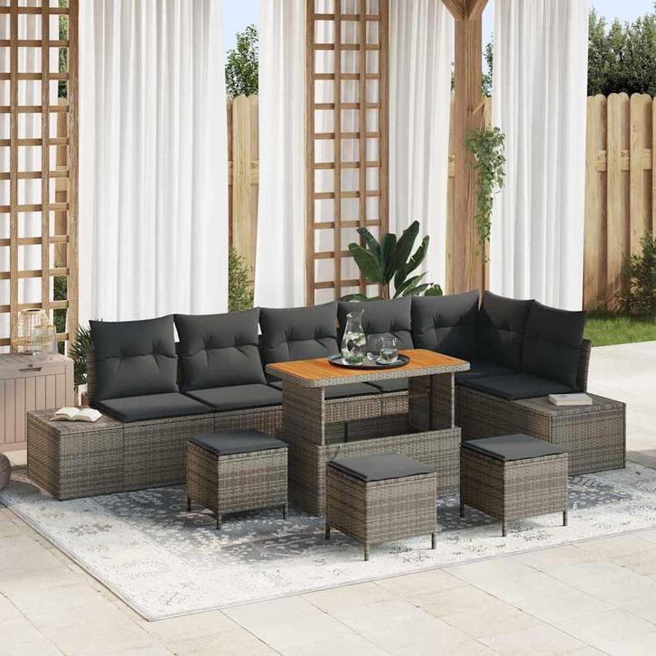 vidaXL Tuinbank Set met kussen 10 pcs Grijs Poly rattan, Tuin en Terras, Tuinsets en Loungesets, Nieuw, Verzenden