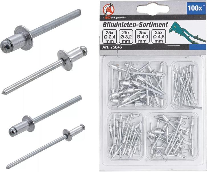 BGS Assortiment popnagels Ø 2,4 - 4,8 mm (100 st), Doe-het-zelf en Bouw, Gereedschap | Machine-onderdelen en Toebehoren, Nieuw