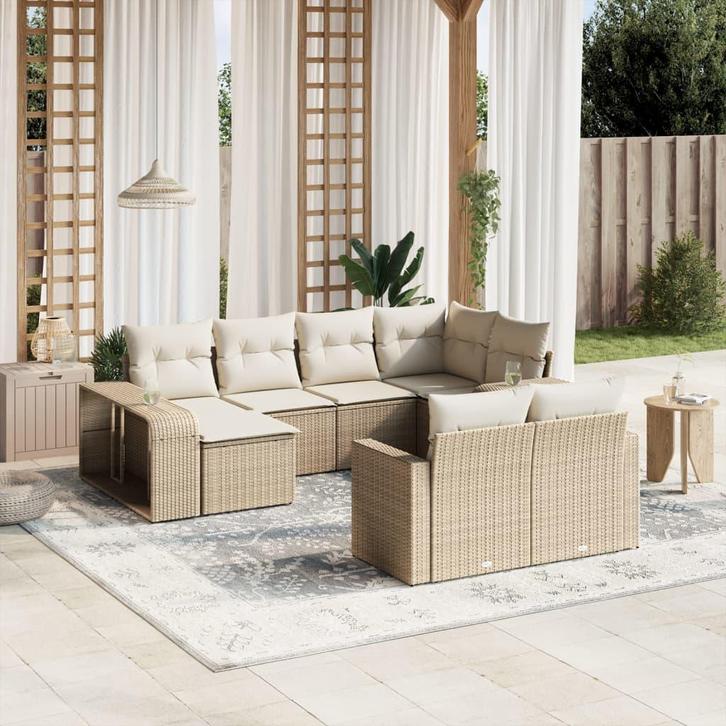 vidaXL 10-delige Loungeset met kussens poly rattan beige, Tuin en Terras, Tuinsets en Loungesets, Nieuw, Verzenden