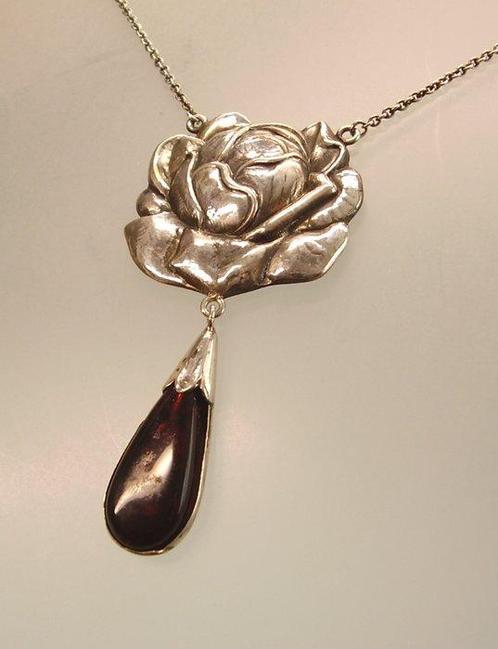 Halsketting Zilver - 5.00ct. tw. Barnsteen - Art Nouveau, Handtassen en Accessoires, Kettingen