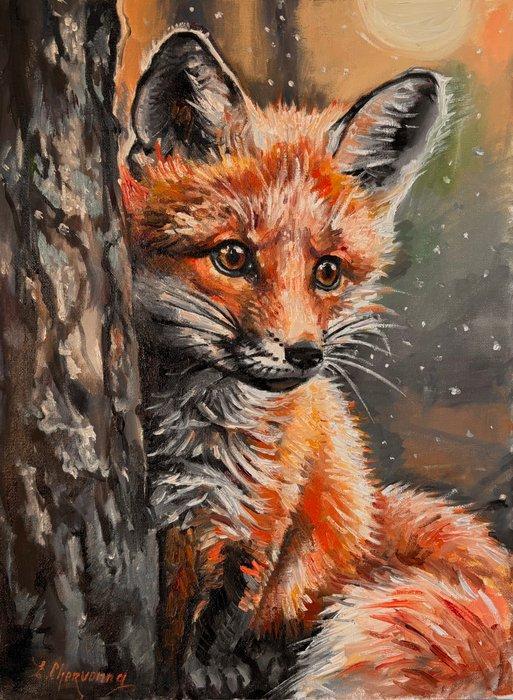 Eugenie Chervonna - Petit renard dans la forêt, Antiquités & Art, Art | Peinture | Moderne